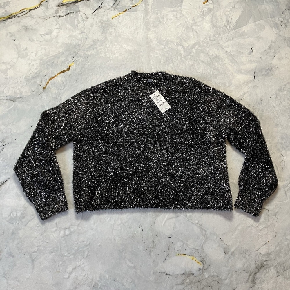 Bar III Sweater Womens‎ Size Small Black Silver Long Sleeve Crop Cozy